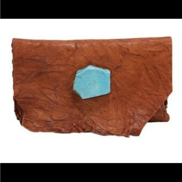 Anat Marin Soft Leather Wallet/Clutch in color Cognac with Turquoise Stone. - Picture 2 of 10